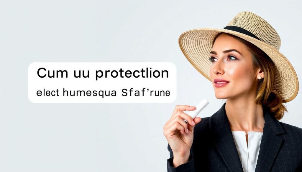 Gere uma imagem de uma mulher usando um chapéu com proteção UV e protetor labial com FPS. Gere uma imagem de uma mulher usando um chapéu com proteção UV e protetor labial com FPS.