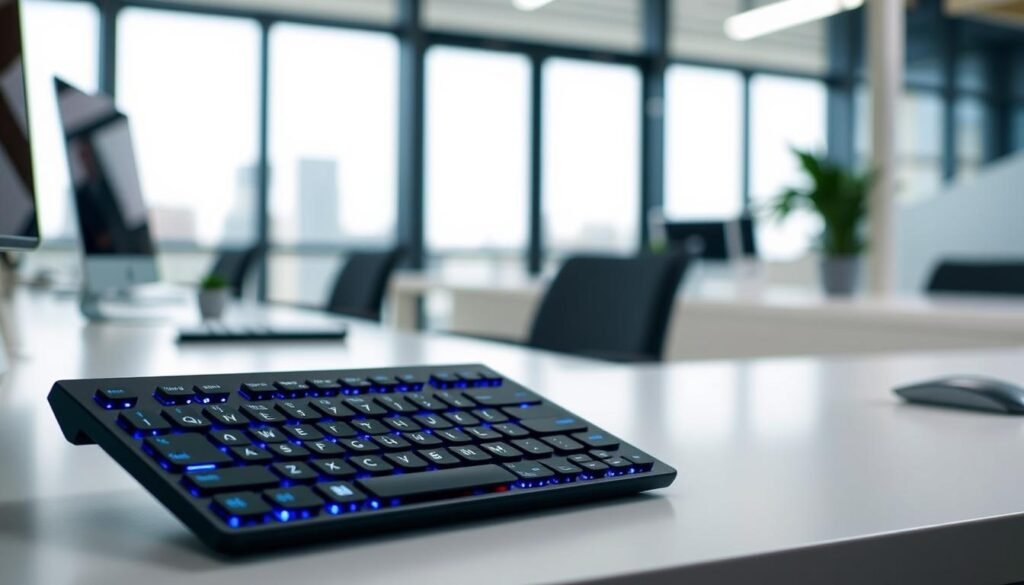 Gere uma imagem do Teclado Sem Fio Logitech com iluminação inteligente e conexão Bluetooth.