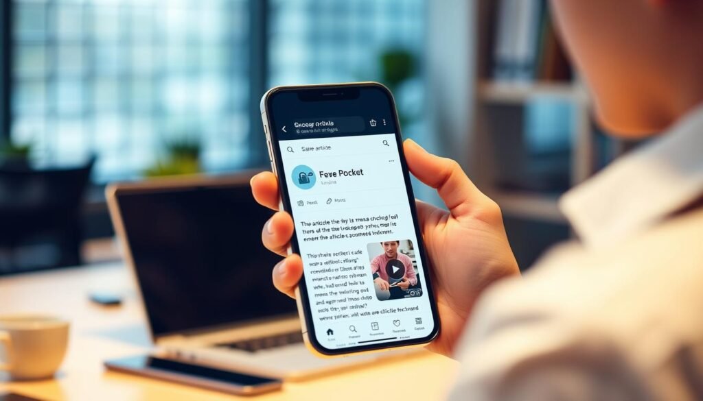 Gere uma imagem do aplicativo Pocket sendo usado para salvar um artigo. Gere uma imagem do aplicativo Pocket sendo usado para salvar um artigo.