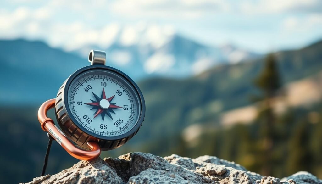 Imagem de bússola de caminhada com mosquetão Imagem de bússola de caminhada com mosquetão