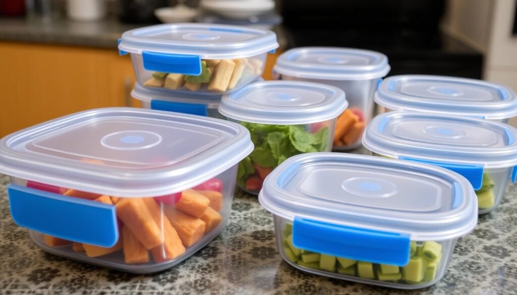 Imagem de recipientes de armazenamento de alimentos com tampas herméticas Imagem de recipientes de armazenamento de alimentos com tampas herméticas