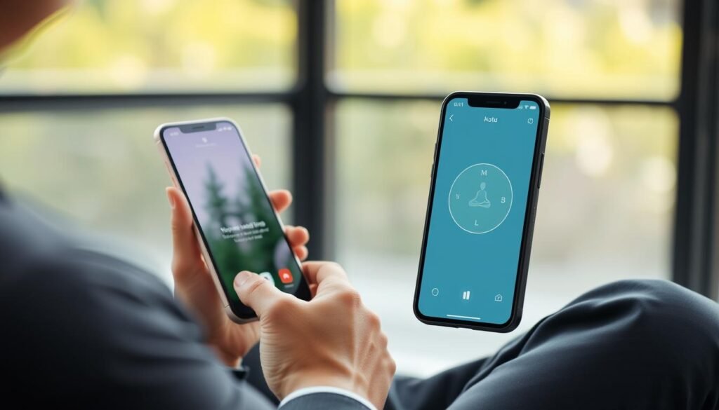 Imagem de um aplicativo de meditação sendo usado em um smartphone