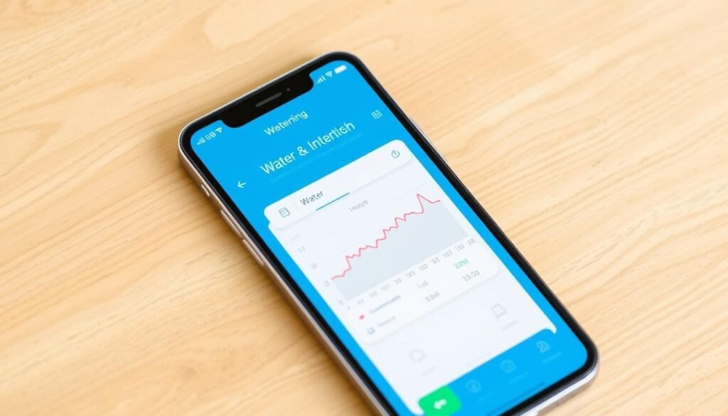 Imagem de um celular mostrando o aplicativo Beber Água com um gráfico de consumo de água. Imagem de um celular mostrando o aplicativo Beber Água com um gráfico de consumo de água.