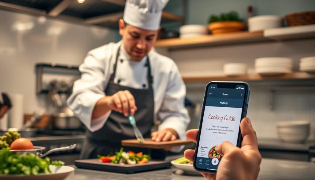 Imagem de um chef preparando um prato gourmet com o aplicativo "Guia da Cozinha" na tela de um smartphone Imagem de um chef preparando um prato gourmet com o aplicativo "Guia da Cozinha" na tela de um smartphone