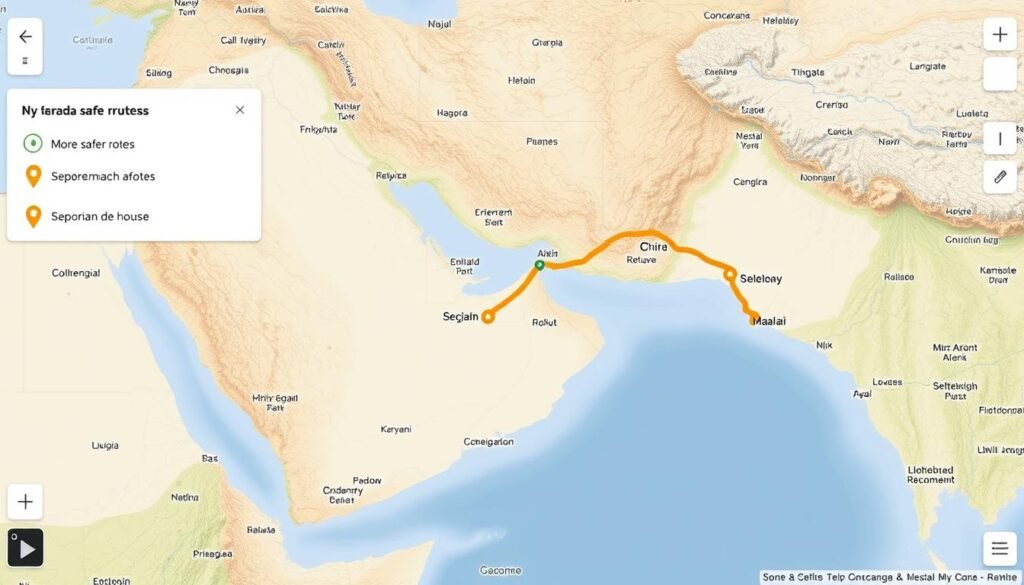 Imagem de um mapa com rotas seguras destacadas, utilizando o aplicativo Malalai. Imagem de um mapa com rotas seguras destacadas, utilizando o aplicativo Malalai.