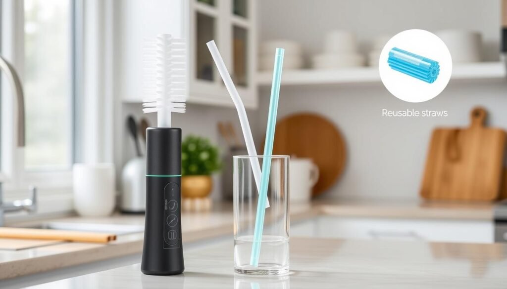 Imagem de uma escova de limpeza para canudos reutilizáveis Imagem de uma escova de limpeza para canudos reutilizáveis