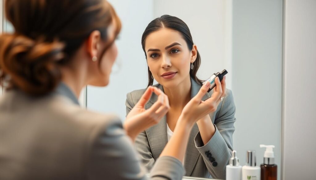 Imagem de uma mulher aplicando sérum facial