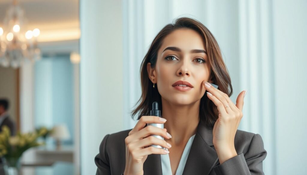 Imagem de uma mulher aplicando um sérum facial Imagem de uma mulher aplicando um sérum facial