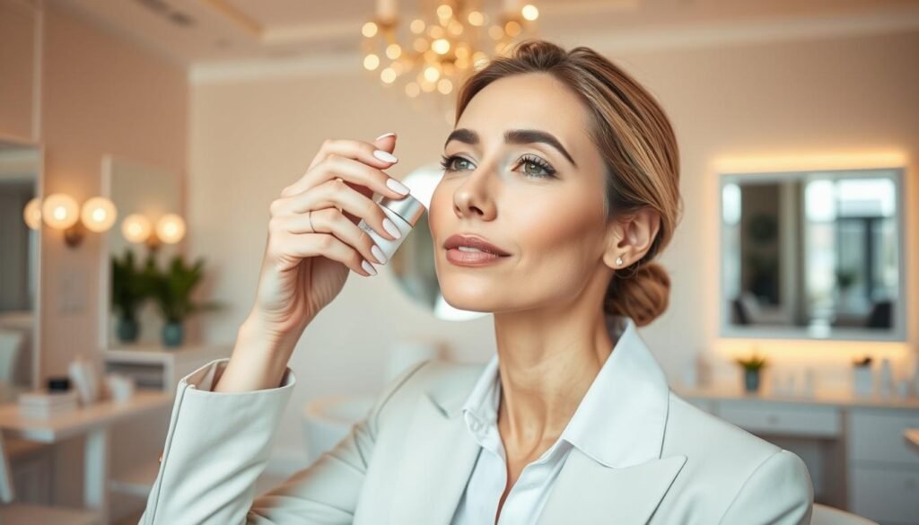 Imagem de uma mulher aplicando um sérum facial