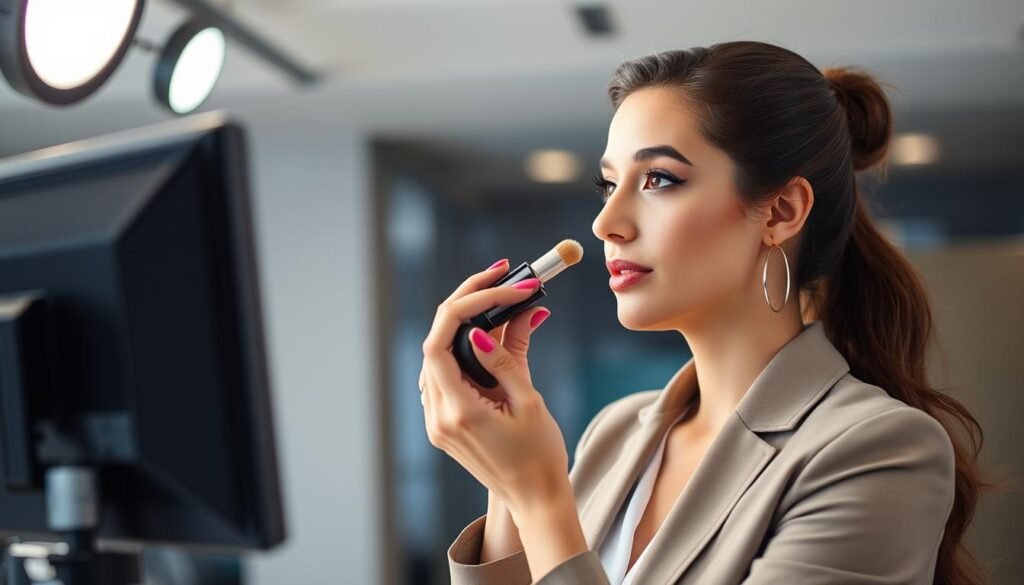 Imagem de uma mulher aplicando uma base de maquiagem Imagem de uma mulher aplicando uma base de maquiagem