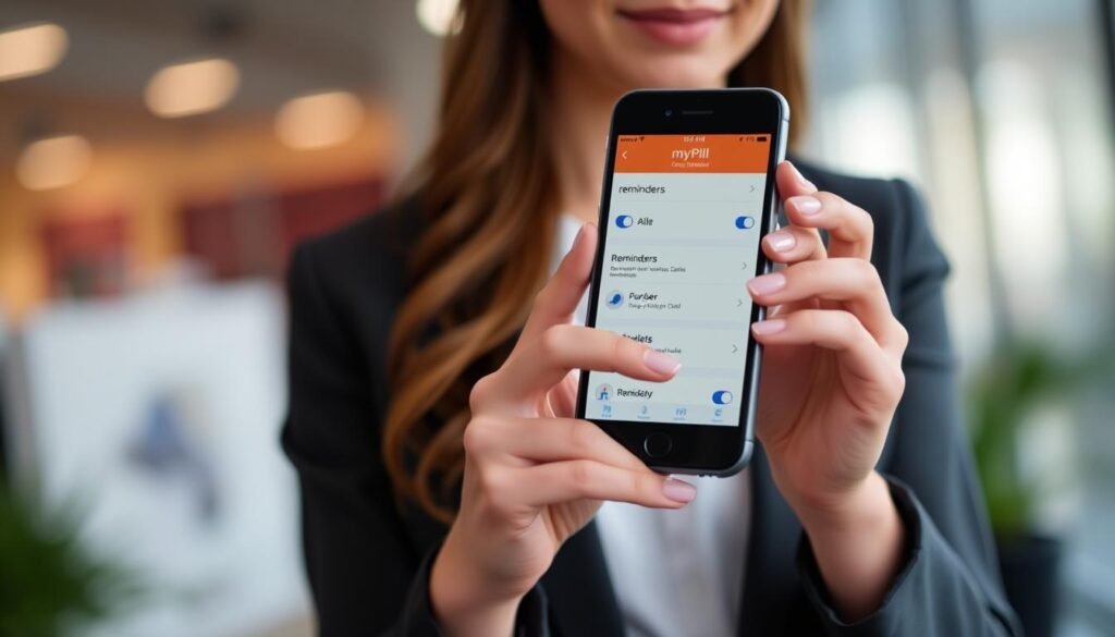 Imagem de uma mulher com um smartphone mostrando o aplicativo myPill, com lembretes configurados para tomar anticoncepcionais. Imagem de uma mulher com um smartphone mostrando o aplicativo myPill, com lembretes configurados para tomar anticoncepcionais.