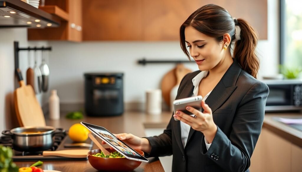 Imagem de uma mulher cozinhando em uma cozinha moderna com um tablet exibindo o aplicativo "Receitas Fáceis MdeMulher" Imagem de uma mulher cozinhando em uma cozinha moderna com um tablet exibindo o aplicativo "Receitas Fáceis MdeMulher"