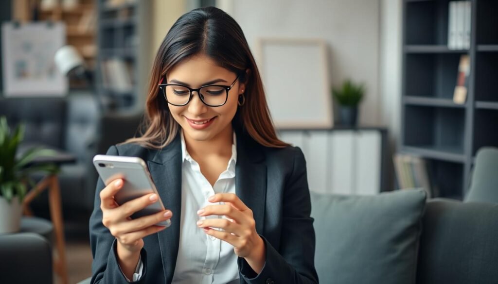 Imagem de uma mulher criando uma lista de tarefas no Todoist em um smartphone Imagem de uma mulher criando uma lista de tarefas no Todoist em um smartphone
