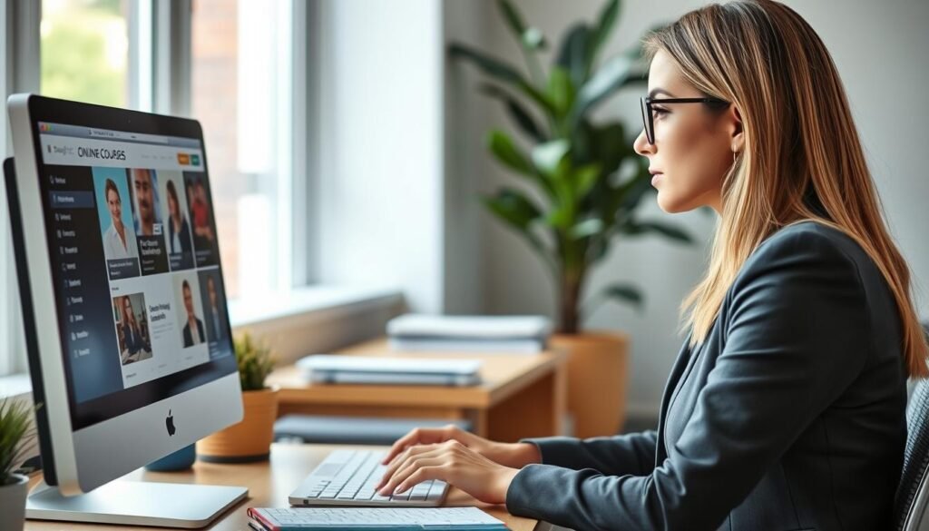 Imagem de uma mulher estudando no computador com cursos online na tela Imagem de uma mulher estudando no computador com cursos online na tela