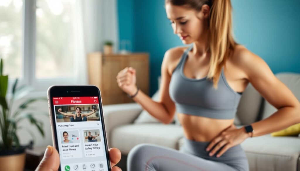 Imagem de uma mulher fazendo exercícios em casa, com o aplicativo aberto no celular ao lado. Imagem de uma mulher fazendo exercícios em casa, com o aplicativo aberto no celular ao lado.