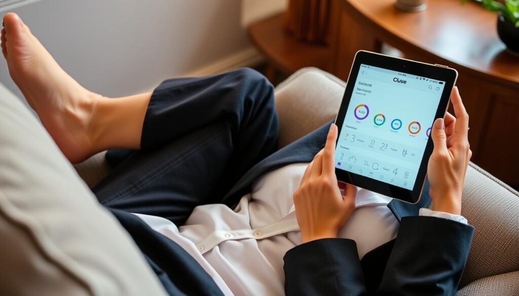 Imagem de uma mulher relaxando com um tablet mostrando o aplicativo Clue, com gráficos e estatísticas sobre seu ciclo menstrual. Imagem de uma mulher relaxando com um tablet mostrando o aplicativo Clue, com gráficos e estatísticas sobre seu ciclo menstrual.