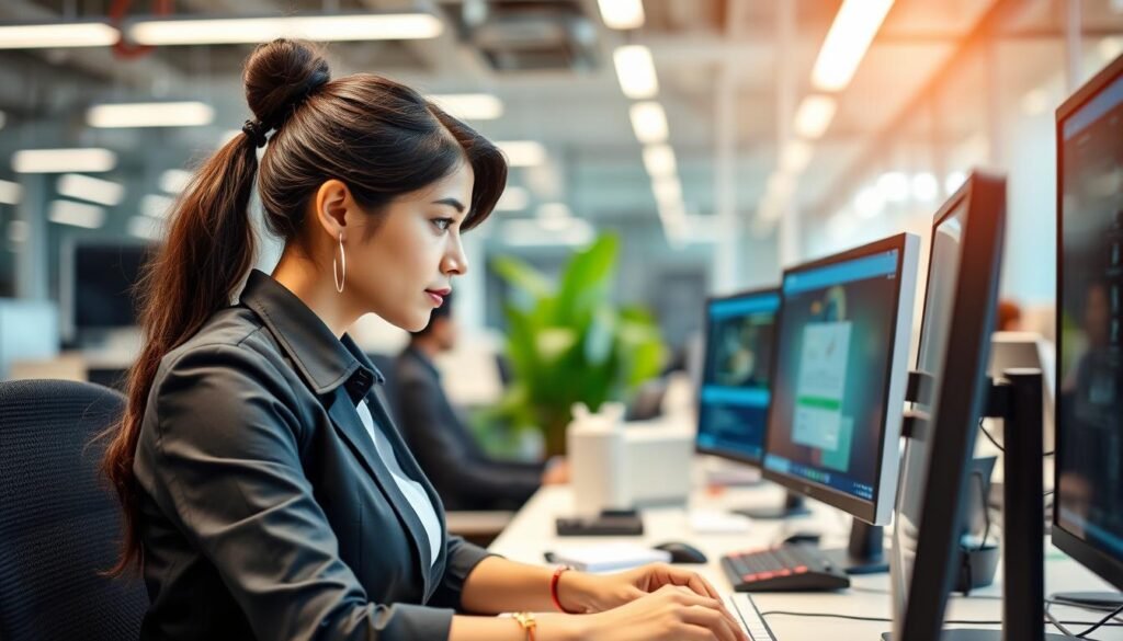 Imagem de uma mulher trabalhando em um ambiente de tecnologia Imagem de uma mulher trabalhando em um ambiente de tecnologia