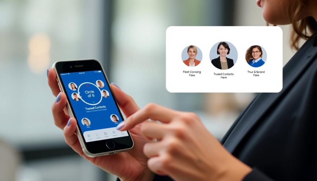 Imagem de uma mulher usando o Circle of 6 em seu smartphone, com contatos de confiança ao fundo. Imagem de uma mulher usando o Circle of 6 em seu smartphone, com contatos de confiança ao fundo.