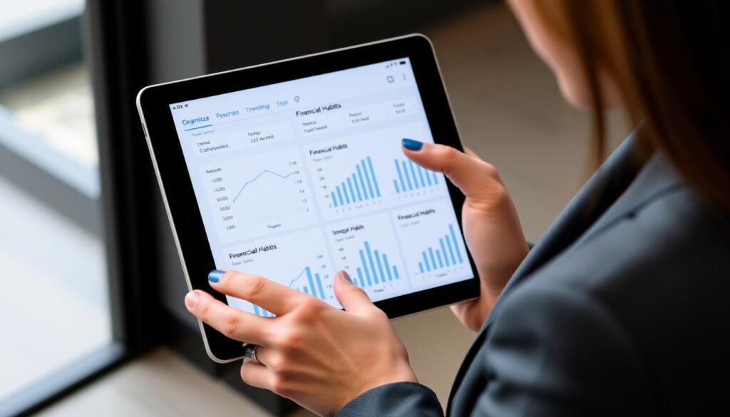 Imagem de uma mulher usando o Organizze em um tablet, com gráficos de hábitos financeiros na tela. Imagem de uma mulher usando o Organizze em um tablet, com gráficos de hábitos financeiros na tela.