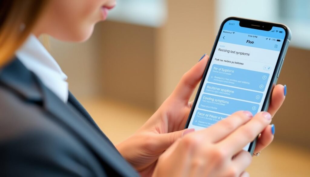 Imagem de uma mulher usando o aplicativo Flo em seu smartphone, com uma tela mostrando opções para registrar sintomas e bem-estar. Imagem de uma mulher usando o aplicativo Flo em seu smartphone, com uma tela mostrando opções para registrar sintomas e bem-estar.