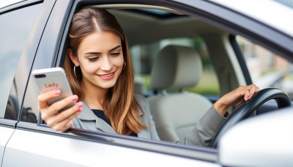 Imagem de uma mulher usando o aplicativo Lady Driver em seu smartphone, com um carro ao fundo. Imagem de uma mulher usando o aplicativo Lady Driver em seu smartphone, com um carro ao fundo.