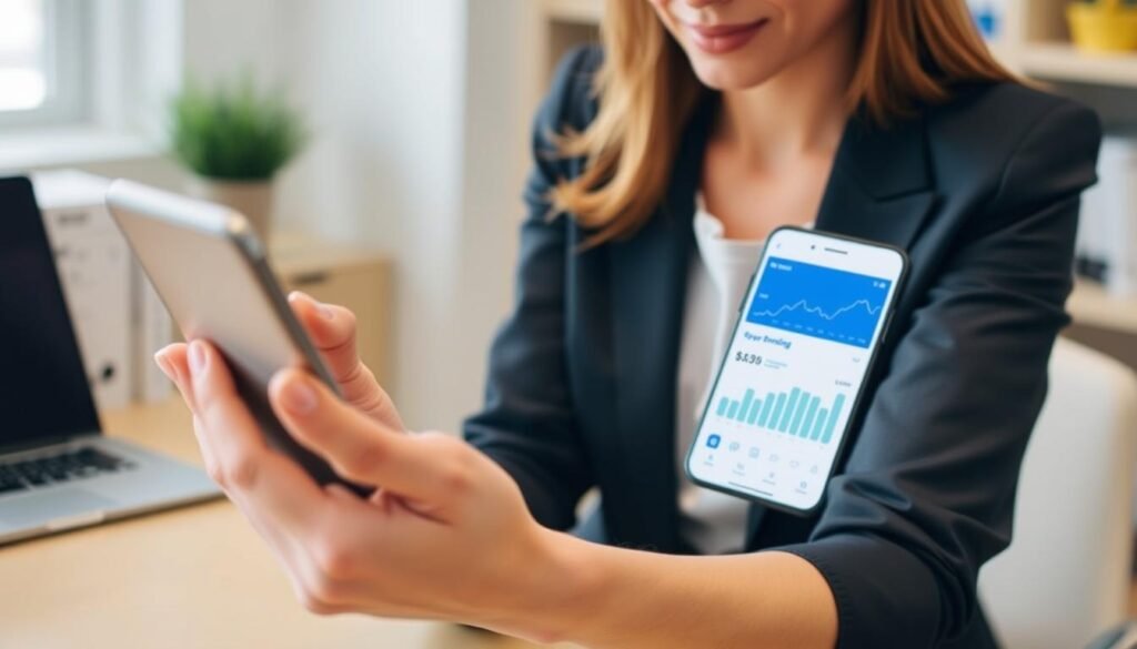 Imagem de uma mulher usando o aplicativo Mobills em um smartphone, com gráficos de gastos na tela. Imagem de uma mulher usando o aplicativo Mobills em um smartphone, com gráficos de gastos na tela.