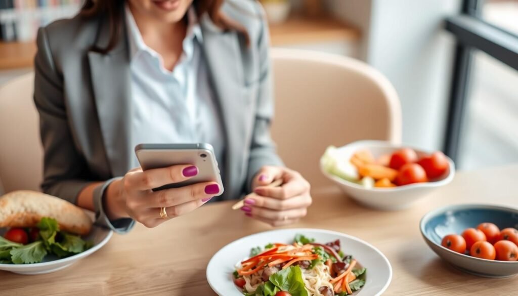 Imagem de uma mulher usando o aplicativo MyFitnessPal no celular, com uma refeição saudável na mesa ao lado. Imagem de uma mulher usando o aplicativo MyFitnessPal no celular, com uma refeição saudável na mesa ao lado.