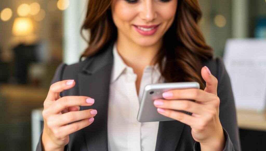 Imagem de uma mulher usando um smartphone com o aplicativo Calendário Menstrual aberto, mostrando um calendário com datas destacadas. Imagem de uma mulher usando um smartphone com o aplicativo Calendário Menstrual aberto, mostrando um calendário com datas destacadas.