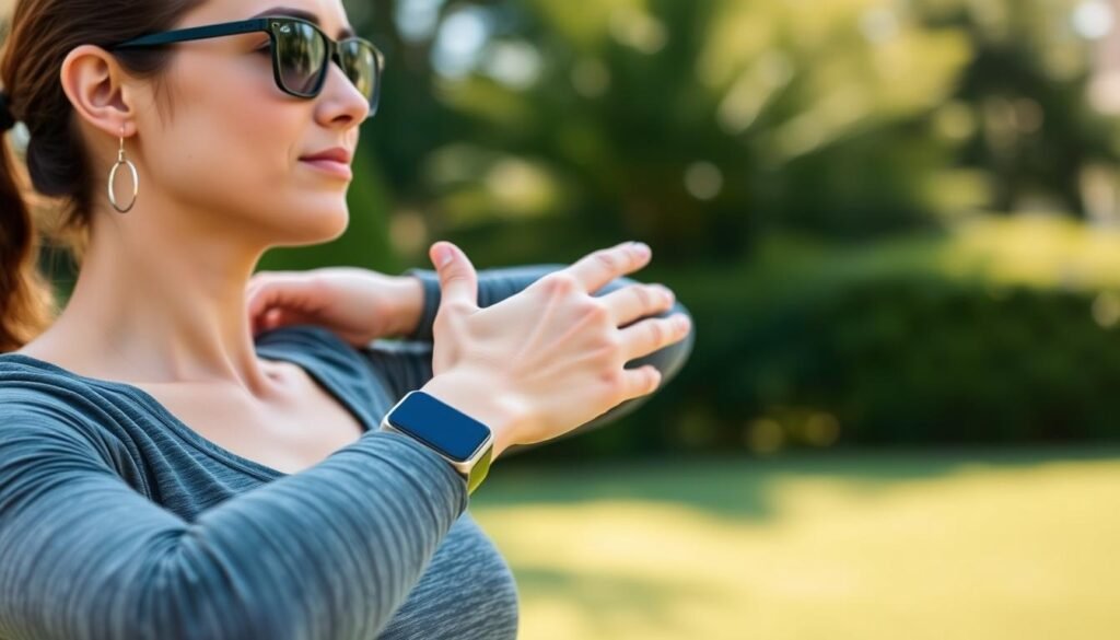 Imagem de uma mulher usando um smartwatch elegante enquanto pratica yoga ao ar livre Imagem de uma mulher usando um smartwatch elegante enquanto pratica yoga ao ar livre