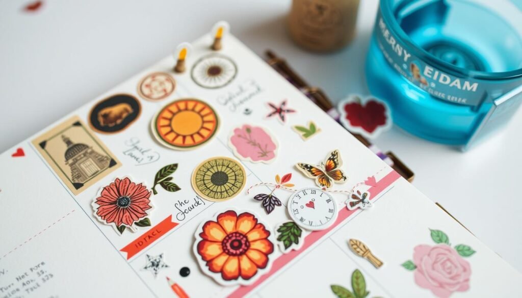 Imagem de uma página de agenda decorada com adesivos vintage e à prova d'água. Imagem de uma página de agenda decorada com adesivos vintage e à prova d'água.