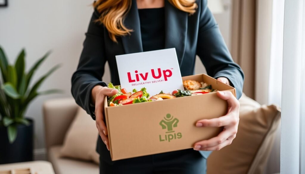 Imagem de uma pessoa recebendo uma refeição saudável em casa, com uma caixa do Liv Up Imagem de uma pessoa recebendo uma refeição saudável em casa, com uma caixa do Liv Up