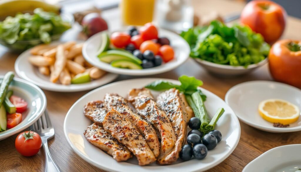 Imagem de uma refeição balanceada com frutas, vegetais e proteínas magras Imagem de uma refeição balanceada com frutas, vegetais e proteínas magras