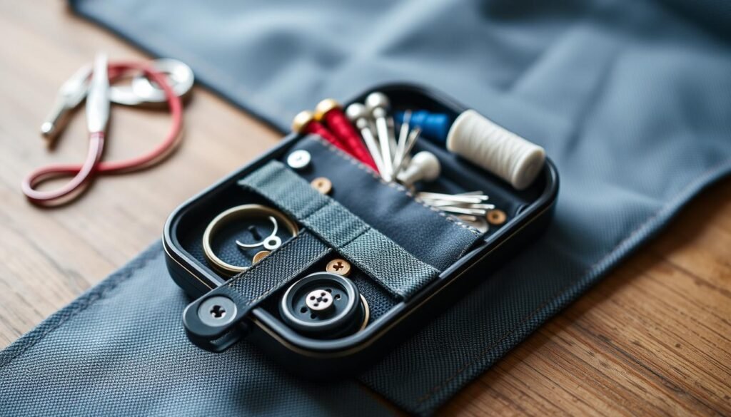 Kit de costura portátil com agulhas, linhas e botões para reparos rápidos. Kit de costura portátil com agulhas, linhas e botões para reparos rápidos.