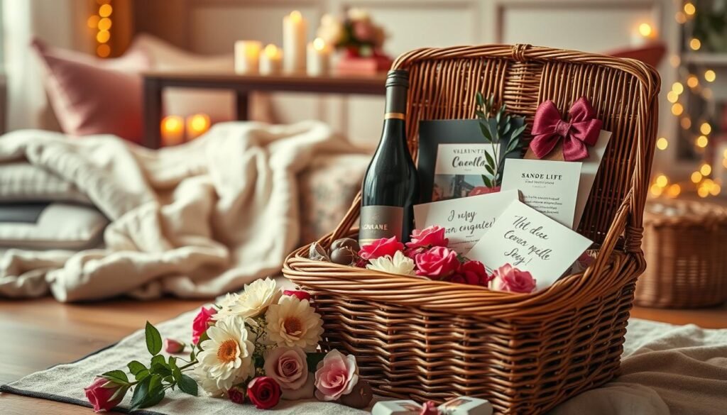 A beautifully arranged "Cesta de Relacionamento," featuring an elegant wicker basket overflowing with thoughtful items. In the foreground, the basket is filled with gourmet chocolates, a bottle of fine wine, and personalized love notes, arranged artfully among fresh flowers. In the middle ground, a cozy setting with a plush blanket and soft cushions invites a romantic atmosphere. The background includes a softly lit table with flickering candles and fairy lights, creating a warm glow. Capture this scene with a warm, inviting color palette, using soft focus for a dreamy effect. The mood is intimate and romantic, perfect for surprising a loved one. The lighting should be soft and ambient, enhancing the details of the items without harsh shadows. A beautifully arranged "Cesta de Relacionamento," featuring an elegant wicker basket overflowing with thoughtful items. In the foreground, the basket is filled with gourmet chocolates, a bottle of fine wine, and personalized love notes, arranged artfully among fresh flowers. In the middle ground, a cozy setting with a plush blanket and soft cushions invites a romantic atmosphere. The background includes a softly lit table with flickering candles and fairy lights, creating a warm glow. Capture this scene with a warm, inviting color palette, using soft focus for a dreamy effect. The mood is intimate and romantic, perfect for surprising a loved one. The lighting should be soft and ambient, enhancing the details of the items without harsh shadows.