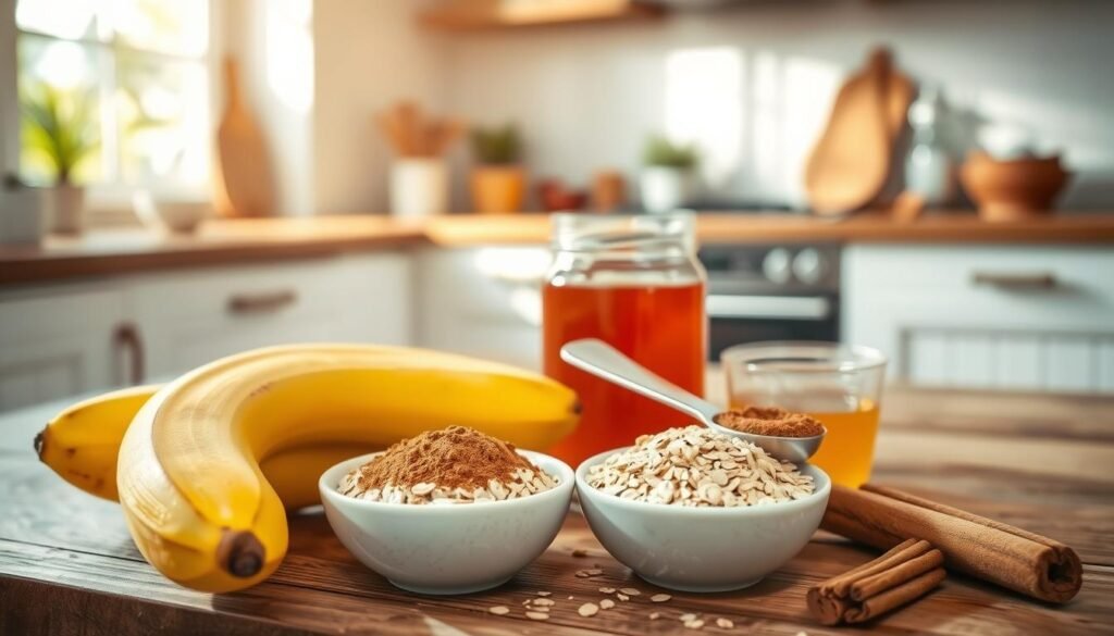 A beautifully arranged display of ingredients for banana porridge with cinnamon. In the foreground, a ripe banana is split open, alongside a small bowl of rolled oats, sprinkled with a dusting of ground cinnamon. A delicate measuring spoon rests near a jar of honey, reflecting warm, golden hues. In the middle ground, a rustic wooden table adds texture to the scene, with a bright, cozy kitchen in soft focus behind. Natural sunlight streams through a window, casting gentle shadows and creating a warm, inviting atmosphere. The overall mood should evoke a sense of comfort and warmth, perfect for a relaxed breakfast setting.