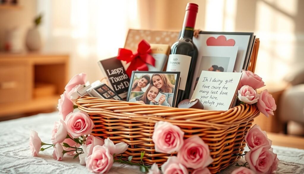 A beautifully arranged, personalized relationship gift basket overflowing with thoughtful items. In the foreground, feature a wicker basket filled with gourmet chocolates, a bottle of red wine, and a hand-written love note. Surround the basket with soft pink and white flowers, adding a romantic touch. In the middle, include a small photo album with images of happy memories together, suggesting intimacy and care. The background should be a softly lit room with warm tones, creating a cozy and inviting atmosphere. Use natural lighting to enhance the warm hues and create gentle shadows. The scene captures a heartfelt moment of love and personalization, perfect for expressing affection. A beautifully arranged, personalized relationship gift basket overflowing with thoughtful items. In the foreground, feature a wicker basket filled with gourmet chocolates, a bottle of red wine, and a hand-written love note. Surround the basket with soft pink and white flowers, adding a romantic touch. In the middle, include a small photo album with images of happy memories together, suggesting intimacy and care. The background should be a softly lit room with warm tones, creating a cozy and inviting atmosphere. Use natural lighting to enhance the warm hues and create gentle shadows. The scene captures a heartfelt moment of love and personalization, perfect for expressing affection.