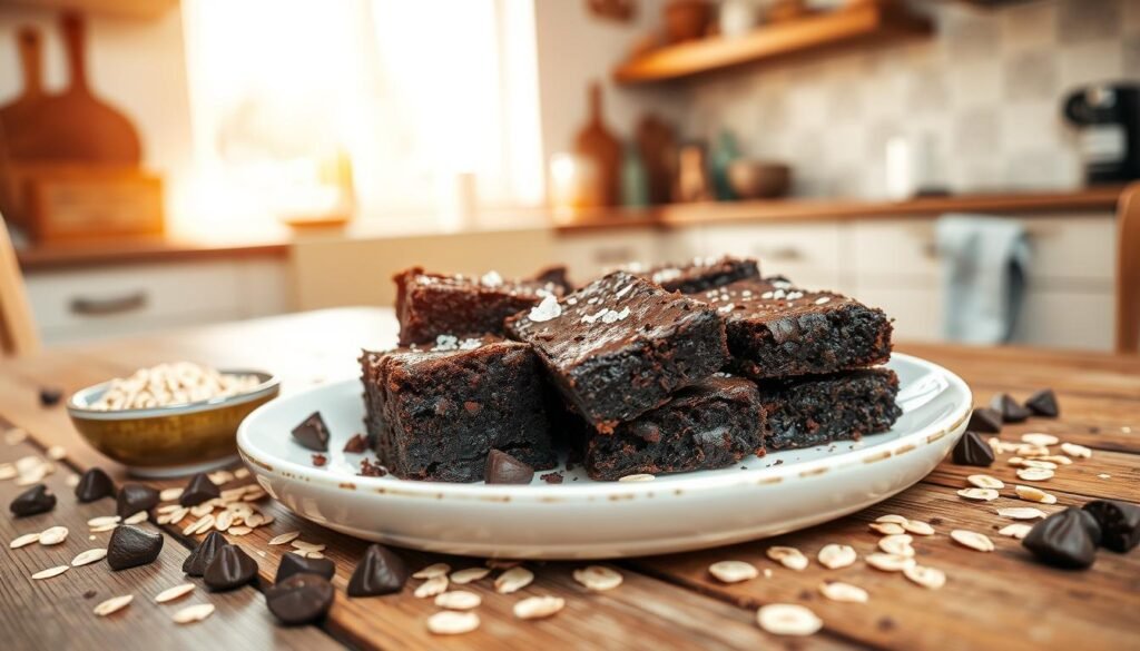 A beautifully arranged plate of brownies made with cacao and oatmeal sits on a rustic wooden table, surrounded by scattered oats and chocolate chunks. The brownies are rich and fudgy, with a sprinkle of sea salt on top, tempting and appetizing. In the background, a soft-focus kitchen setting with warm, natural lighting creates a cozy atmosphere. Sunlight filters through a window, casting gentle shadows and highlighting the textures of the brownies and the natural ingredients. A small bowl of oats and a few cacao beans are placed artistically beside the brownies, emphasizing the health benefits of oatmeal. The overall mood is inviting and warm, evoking a sense of indulgence without guilt. A beautifully arranged plate of brownies made with cacao and oatmeal sits on a rustic wooden table, surrounded by scattered oats and chocolate chunks. The brownies are rich and fudgy, with a sprinkle of sea salt on top, tempting and appetizing. In the background, a soft-focus kitchen setting with warm, natural lighting creates a cozy atmosphere. Sunlight filters through a window, casting gentle shadows and highlighting the textures of the brownies and the natural ingredients. A small bowl of oats and a few cacao beans are placed artistically beside the brownies, emphasizing the health benefits of oatmeal. The overall mood is inviting and warm, evoking a sense of indulgence without guilt.