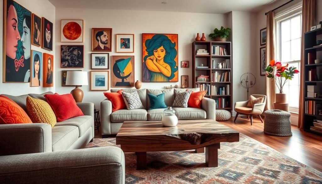 A beautifully designed living room that reflects individual personality through personalized colors and materials. In the foreground, a cozy sofa with vibrant, textured cushions, paired with a unique coffee table made of reclaimed wood. In the middle ground, an eclectic mix of artwork on the walls, showcasing diverse styles and colors that depict emotional depth. A striking area rug with geometric patterns adds warmth to the space. Soft, natural lighting filters through large windows, creating a welcoming atmosphere. In the background, a bookshelf filled with an assortment of books and decorative items, highlighting personal interests. The overall mood is inviting and inspiring, emphasizing comfort, creativity, and self-expression in home décor, captured from a slightly elevated angle to showcase the depth and arrangement of the room. A beautifully designed living room that reflects individual personality through personalized colors and materials. In the foreground, a cozy sofa with vibrant, textured cushions, paired with a unique coffee table made of reclaimed wood. In the middle ground, an eclectic mix of artwork on the walls, showcasing diverse styles and colors that depict emotional depth. A striking area rug with geometric patterns adds warmth to the space. Soft, natural lighting filters through large windows, creating a welcoming atmosphere. In the background, a bookshelf filled with an assortment of books and decorative items, highlighting personal interests. The overall mood is inviting and inspiring, emphasizing comfort, creativity, and self-expression in home décor, captured from a slightly elevated angle to showcase the depth and arrangement of the room.