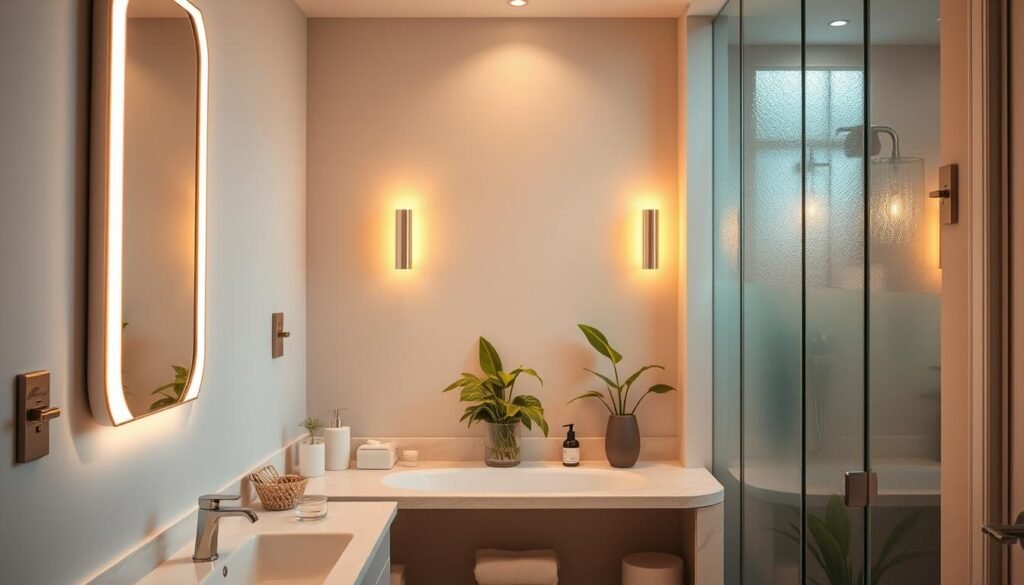 A beautifully designed women's bathroom featuring strategic lighting that creates a warm and inviting atmosphere. In the foreground, a stylish vanity with a modern mirror reflects soft lighting. In the middle, warm-toned LED lights highlight elegant fixtures and lush greenery, emphasizing a sense of comfort. In the background, subtle ambient lighting enhances the calming color palette of soft pastels, with hints of natural light filtering through frosted glass. The composition is captured with a wide-angle lens from a slightly elevated angle, showcasing the harmonious blend of aesthetics and functionality. The overall mood exudes tranquility and sophistication, ideal for a personal care ritual. A beautifully designed women's bathroom featuring strategic lighting that creates a warm and inviting atmosphere. In the foreground, a stylish vanity with a modern mirror reflects soft lighting. In the middle, warm-toned LED lights highlight elegant fixtures and lush greenery, emphasizing a sense of comfort. In the background, subtle ambient lighting enhances the calming color palette of soft pastels, with hints of natural light filtering through frosted glass. The composition is captured with a wide-angle lens from a slightly elevated angle, showcasing the harmonious blend of aesthetics and functionality. The overall mood exudes tranquility and sophistication, ideal for a personal care ritual.