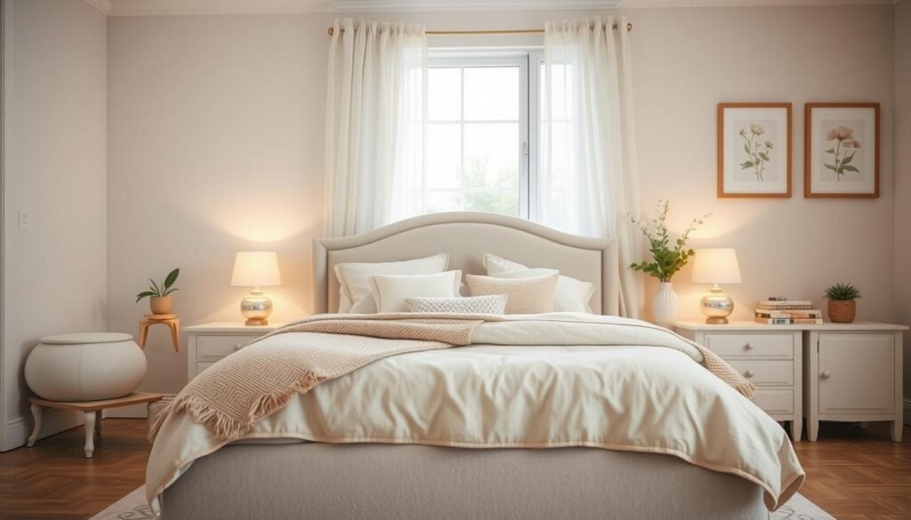 A beautifully renovated bedroom with a feminine touch, featuring a soft color palette of pastels. In the foreground, a plush, inviting bed adorned with layered cushions and a textured throw blanket. The middle ground showcases elegant nightstands with delicate lamps that emit warm, ambient lighting. A stylish rug with subtle patterns lies beneath the bed. In the background, a well-illuminated window framed with light, airy curtains lets in natural light, enhancing the spacious feel. Decor elements include potted greenery and framed artwork with soft floral designs. The overall atmosphere is cozy, serene, and inviting, perfect for conveying a nurturing, feminine space. Use a wide-angle lens to capture the room’s inviting ambiance, with soft focus on decorative elements for a dreamy effect.