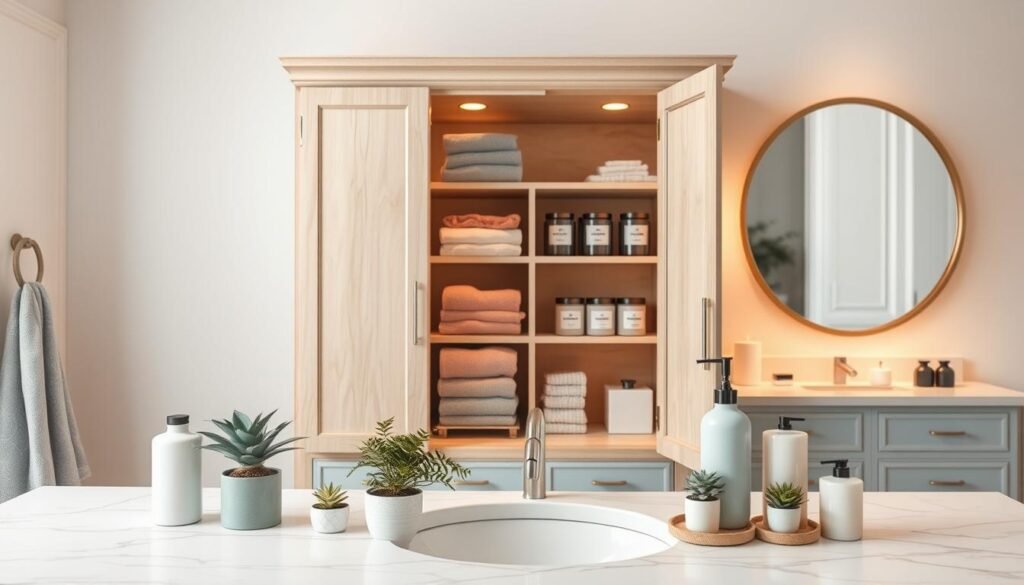 A beautifully styled feminine bathroom storage cabinet featuring elegant design elements. The cabinet is made of light wood, with minimalist lines and soft pastel blue accents, harmonizing with a soft white marble countertop. In the foreground, a selection of chic, neatly arranged toiletries and decorative items, such as small potted plants and scented candles, convey a sense of tranquility. The middle ground showcases the cabinet doors slightly ajar, revealing carefully organized shelves with colorful towels and neatly labeled jars. In the background, a softly lit vanity mirror with warm ambient lighting enhances the serene atmosphere. The mood is calming and inviting, emphasizing a nurturing space for self-care. Capture the image from a slightly elevated angle, creating depth and focusing on the cabinet as a central feature of the nurturing bathroom scene. A beautifully styled feminine bathroom storage cabinet featuring elegant design elements. The cabinet is made of light wood, with minimalist lines and soft pastel blue accents, harmonizing with a soft white marble countertop. In the foreground, a selection of chic, neatly arranged toiletries and decorative items, such as small potted plants and scented candles, convey a sense of tranquility. The middle ground showcases the cabinet doors slightly ajar, revealing carefully organized shelves with colorful towels and neatly labeled jars. In the background, a softly lit vanity mirror with warm ambient lighting enhances the serene atmosphere. The mood is calming and inviting, emphasizing a nurturing space for self-care. Capture the image from a slightly elevated angle, creating depth and focusing on the cabinet as a central feature of the nurturing bathroom scene.