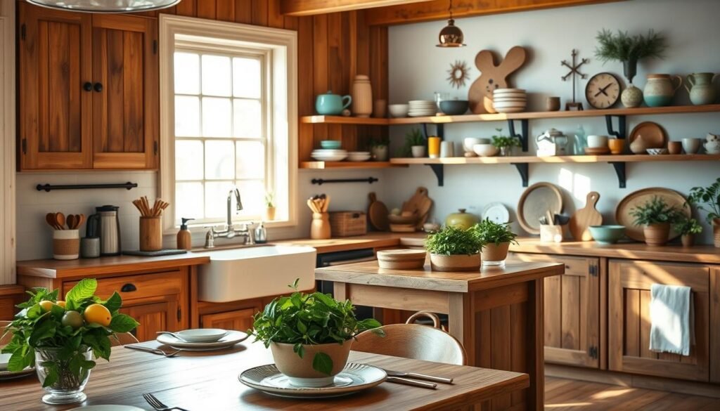 A cozy and charming kitchen, showcasing rustic wooden cabinets, a modern farmhouse sink, and a large window that lets in soft, natural light. The foreground features a tastefully set wooden dining table with a bowl of fresh fruits and elegant tableware, inviting warmth and comfort. In the middle ground, the kitchen island is adorned with lush green plants and artisan kitchen tools, emphasizing a homely touch. The background reveals shelves filled with colorful dishware and quirky decor items, creating an atmosphere of creativity and affection. The lighting is warm and inviting, with sun beams streaming into the space, enhancing the overall feeling of lightness. The scene captures a sense of tranquility and a welcoming environment that inspires casual gatherings and heartfelt conversations.