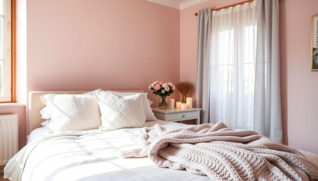 A cozy and inviting bedroom that embodies feminine energy, showcasing soft pastel colors like blush pink, lavender, and light teal on the walls and bedding. The foreground features a beautifully made bed adorned with textured throw pillows and a delicate knit blanket. In the middle, a stylish nightstand holds a charming vase of fresh flowers and a few well-placed candles, casting a warm glow around the room. The background reveals a window draped with sheer curtains, allowing soft, diffused natural light to fill the space. The overall atmosphere is peaceful and soothing, inviting relaxation and well-being. Use a wide-angle lens to capture the entire scene, enhancing the feeling of space and serenity.