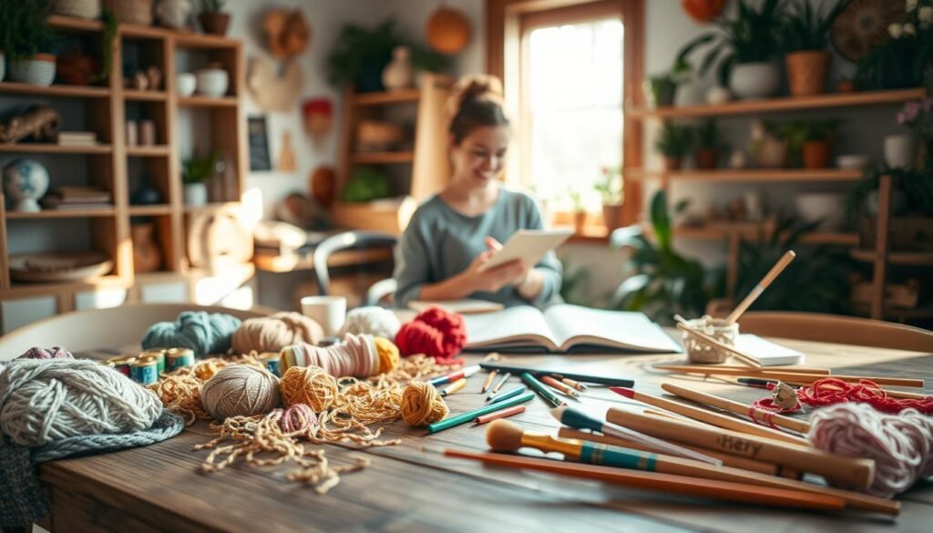 A cozy indoor scene illustrating the concept of "handicrafts" or "atividades manuais." In the foreground, a wooden table cluttered with various crafting supplies like colorful yarn, paintbrushes, and an open sketchbook, all bathed in soft, natural light that streams through a nearby window. In the middle, a person in casual clothing, engaged in creating a piece of artwork, their expression focused and content. The background features shelves filled with handmade items and plants, contributing to a warm, inviting atmosphere. The overall mood is peaceful and relaxed, evoking a sense of mindfulness and creativity in everyday life. Use a slightly shallow depth of field to emphasize the table and the crafting process, capturing the serenity of a leisurely, balanced day.