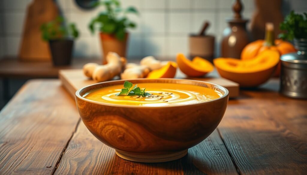 A cozy kitchen scene showcasing a bowl of vibrant pumpkin ginger soup, glistening with a drizzle of olive oil, garnished with fresh herbs and a sprinkle of sesame seeds on top. The foreground features the beautifully crafted wooden bowl resting on a rustic wooden table, its warm tones contrasting with the bright orange of the soup. In the middle, there's a cutting board with ginger roots and pieces of pumpkin, hinting at the ingredients used. Soft, ambient lighting casts a golden hue over the scene, creating a soothing atmosphere. In the background, faint silhouettes of kitchen utensils and potted herbs enhance the homey feel. The overall mood is warm and inviting, perfect for a light and comforting dinner setting.