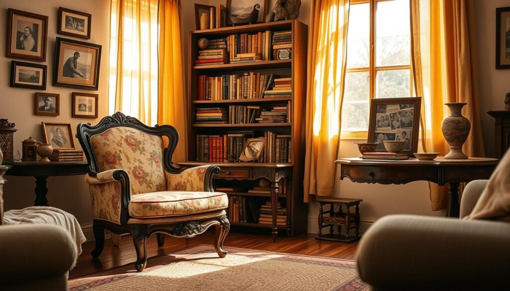 A cozy living room showcasing "furniture with history," featuring a vintage wooden armchair with intricate carvings and a faded floral upholstery, placed next to an elegant antique side table with a decorative vase. In the foreground, a soft, woven rug adds warmth, while a wall adorned with eclectic framed photographs and artwork sets a nostalgic tone. In the middle, a bookshelf filled with weathered books and cherished collectibles tells stories of the past. The background reveals a large window with sheer curtains, allowing warm, golden sunlight to illuminate the scene, casting gentle shadows. The atmosphere is inviting and introspective, reflecting personal history and cherished memories, capturing the essence of a space that tells a story. A cozy living room showcasing "furniture with history," featuring a vintage wooden armchair with intricate carvings and a faded floral upholstery, placed next to an elegant antique side table with a decorative vase. In the foreground, a soft, woven rug adds warmth, while a wall adorned with eclectic framed photographs and artwork sets a nostalgic tone. In the middle, a bookshelf filled with weathered books and cherished collectibles tells stories of the past. The background reveals a large window with sheer curtains, allowing warm, golden sunlight to illuminate the scene, casting gentle shadows. The atmosphere is inviting and introspective, reflecting personal history and cherished memories, capturing the essence of a space that tells a story.