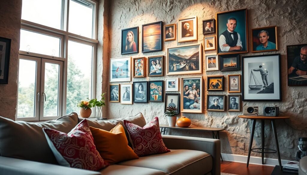 A cozy living room with textured walls adorned with vibrant artworks and framed photographs that tell a story. In the foreground, a plush sofa with colorful cushions invites relaxation. The middle layer features a gallery-style wall showcasing an eclectic mix of paintings, personal memories, and artistic pieces, illuminated by soft, warm light. A stylish side table holds a small plant, adding a touch of nature. In the background, large windows allow natural light to filter in, creating a serene atmosphere. The scene emanates a sense of nostalgia and warmth, aiming to evoke memories of family gatherings and personal milestones. The overall mood is inviting, fostering a connection between art and personal history, perfect for reflecting one’s personality. The image should be captured with a slight depth of field, enhancing focus on the artwork while blurring the background gently. A cozy living room with textured walls adorned with vibrant artworks and framed photographs that tell a story. In the foreground, a plush sofa with colorful cushions invites relaxation. The middle layer features a gallery-style wall showcasing an eclectic mix of paintings, personal memories, and artistic pieces, illuminated by soft, warm light. A stylish side table holds a small plant, adding a touch of nature. In the background, large windows allow natural light to filter in, creating a serene atmosphere. The scene emanates a sense of nostalgia and warmth, aiming to evoke memories of family gatherings and personal milestones. The overall mood is inviting, fostering a connection between art and personal history, perfect for reflecting one’s personality. The image should be captured with a slight depth of field, enhancing focus on the artwork while blurring the background gently.