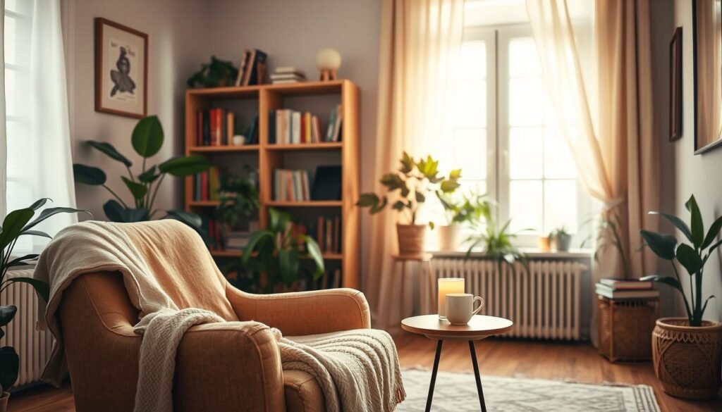 A cozy, serene indoor space dedicated to self-care. In the foreground, a comfortable, well-worn armchair draped with a soft blanket, paired with a small table holding candles and a steaming cup of herbal tea. The middle ground showcases a large window that invites soft, natural light, revealing indoor plants that add a touch of green. A bookshelf in the background is filled with journals and inspiring books. The overall color palette is soothing, with pastel tones and warm lighting. The mood is tranquil and inviting, encouraging relaxation and mindfulness. The perspective should be slightly angled to capture the depth of the room, enhancing the sense of comfort and intimacy in this self-care sanctuary. A cozy, serene indoor space dedicated to self-care. In the foreground, a comfortable, well-worn armchair draped with a soft blanket, paired with a small table holding candles and a steaming cup of herbal tea. The middle ground showcases a large window that invites soft, natural light, revealing indoor plants that add a touch of green. A bookshelf in the background is filled with journals and inspiring books. The overall color palette is soothing, with pastel tones and warm lighting. The mood is tranquil and inviting, encouraging relaxation and mindfulness. The perspective should be slightly angled to capture the depth of the room, enhancing the sense of comfort and intimacy in this self-care sanctuary.