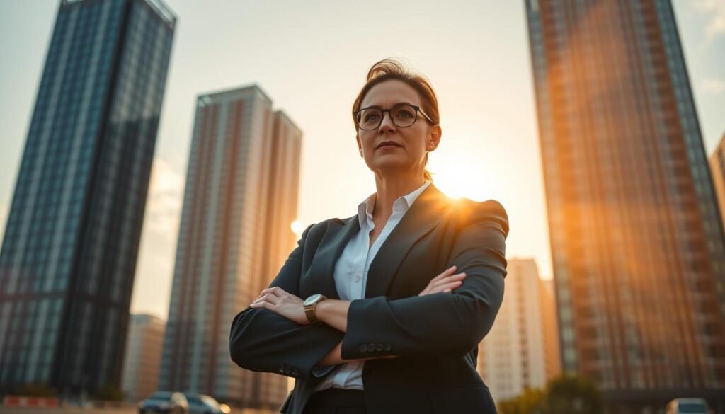 A determined woman in her late 30s, dressed in professional business attire, stands confidently in the foreground, arms crossed, exuding strength and resilience. The middle ground features tall, modern skyscrapers symbolizing ambition and entrepreneurial spirit. In the background, a vibrant sunrise casts warm, golden light, illuminating the cityscape and creating an uplifting atmosphere. The scene captures a sense of hope and possibility, with soft lens flare enhancing the inspirational mood. The composition is framed with a slight upward angle to emphasize the towering buildings, symbolizing the challenges and rewards of entrepreneurship. The overall color palette is bright and warm, invoking feelings of courage and empowerment. A determined woman in her late 30s, dressed in professional business attire, stands confidently in the foreground, arms crossed, exuding strength and resilience. The middle ground features tall, modern skyscrapers symbolizing ambition and entrepreneurial spirit. In the background, a vibrant sunrise casts warm, golden light, illuminating the cityscape and creating an uplifting atmosphere. The scene captures a sense of hope and possibility, with soft lens flare enhancing the inspirational mood. The composition is framed with a slight upward angle to emphasize the towering buildings, symbolizing the challenges and rewards of entrepreneurship. The overall color palette is bright and warm, invoking feelings of courage and empowerment.