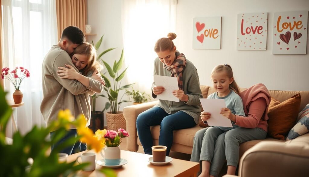 A heartwarming scene depicting various forms of affection in a cozy, vibrant living room setting. In the foreground, a couple shares a tender hug, their expressions filled with love and joy, dressed in casual, modest clothing. Nearby, a child draws a picture for their parents, capturing a sense of family warmth and connection. The middle ground features a small table set with coffee and fresh flowers, enhancing the intimate atmosphere. In the background, bright, soft lighting filters through a window with sheer curtains, casting a warm glow. The walls are adorned with cheerful art that symbolizes love and togetherness. The overall mood is inviting and uplifting, emphasizing the importance of daily expressions of love and affection in nurturing relationships. A heartwarming scene depicting various forms of affection in a cozy, vibrant living room setting. In the foreground, a couple shares a tender hug, their expressions filled with love and joy, dressed in casual, modest clothing. Nearby, a child draws a picture for their parents, capturing a sense of family warmth and connection. The middle ground features a small table set with coffee and fresh flowers, enhancing the intimate atmosphere. In the background, bright, soft lighting filters through a window with sheer curtains, casting a warm glow. The walls are adorned with cheerful art that symbolizes love and togetherness. The overall mood is inviting and uplifting, emphasizing the importance of daily expressions of love and affection in nurturing relationships.